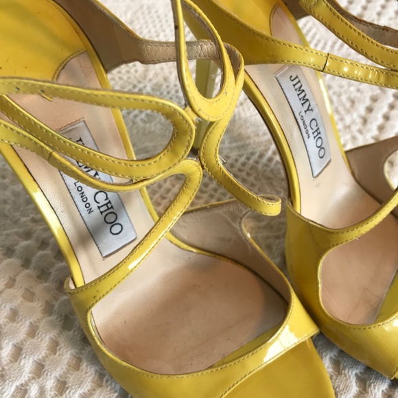 Jimmy Choo London women's shoes 4" heel yellow patent leather strappy size 38/8 - Picture 4 of 14